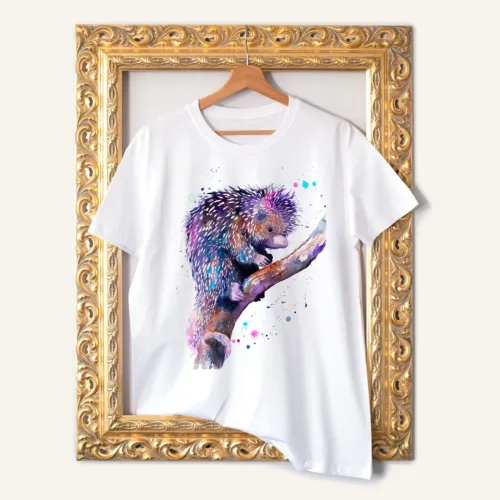 Prehensile-tailed Porcupine watercolor painting printed on a white cotton T-shirt by Slaveika Aladjova