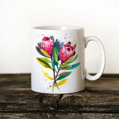 Protea Pink Ice Art Mug, Watercolor Ceramic Mug 11 oz Protea Pink Ice watercolor painting printed on an 11 oz ceramic art mug by Slaveika Aladjova
