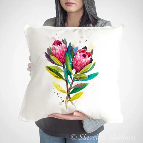Protea Pink Ice Art Pillow Cover, Watercolor Cushion 50 × 50 cm Protea Pink Ice watercolor painting printed on a 50 x 50 cm cotton art pillow cover by Slaveika Aladjova