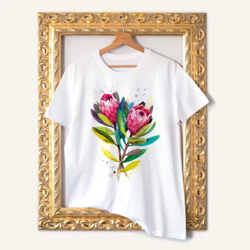 Protea Pink Ice T-Shirt, Watercolor Art Tee Protea Pink Ice watercolor painting printed on a white cotton T-shirt by Slaveika Aladjova