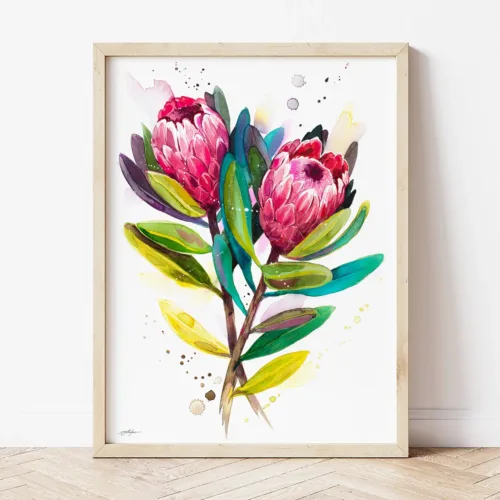 Protea Pink Ice watercolor painting the artwork on the T-shirt by Slaveika Aladjova