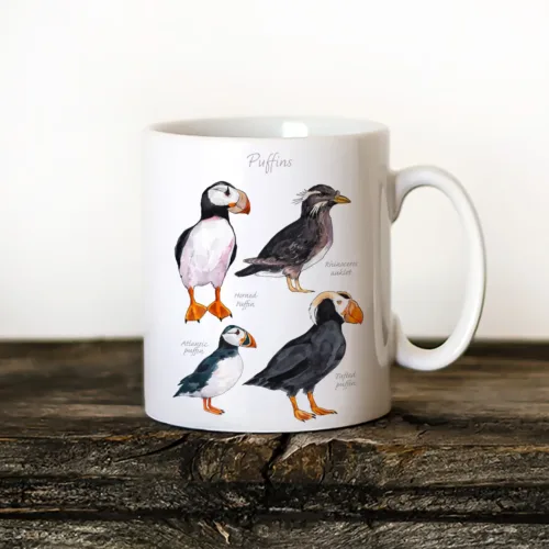 Puffins Chart Art Mug, Watercolor Ceramic Mug 11 oz Puffins Chart watercolor painting printed on an 11 oz ceramic art mug by Slaveika Aladjova