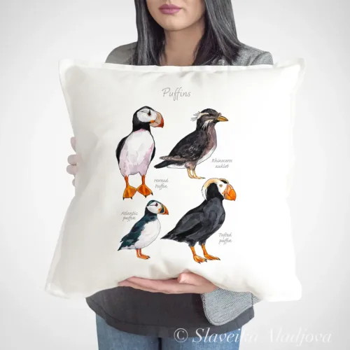 Puffins Chart Art Pillow Cover, Watercolor Cushion 50 × 50 cm Puffins Chart watercolor painting printed on a 50 x 50 cm cotton art pillow cover by Slaveika Aladjova
