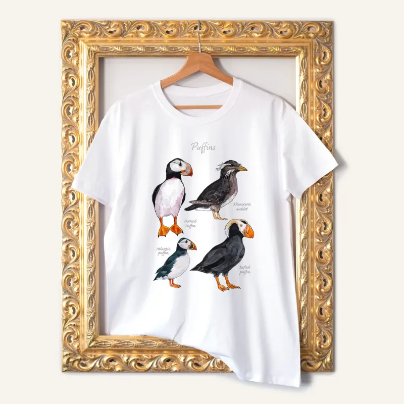 Puffins Chart watercolor painting printed on a white cotton T-shirt by Slaveika Aladjova