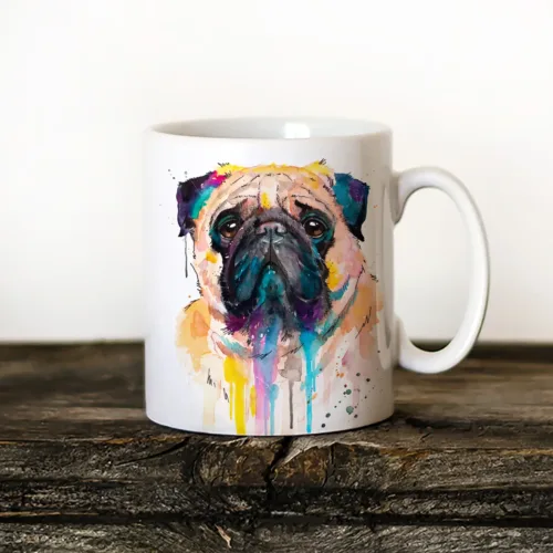 Pug watercolor painting printed on an 11 oz ceramic art mug by Slaveika Aladjova