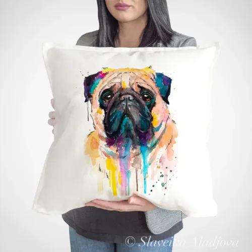 Pug Art Pillow Cover, Watercolor Cushion 50 × 50 cm Pug watercolor painting printed on a 50 x 50 cm cotton art pillow cover by Slaveika Aladjova