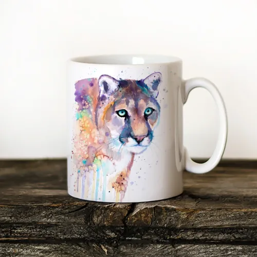 Puma watercolor painting printed on an 11 oz ceramic art mug by Slaveika Aladjova
