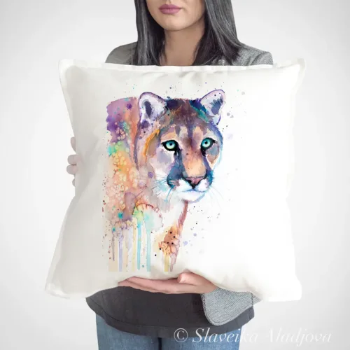 Puma Art Pillow Cover, Watercolor Cushion 50 × 50 cm Puma watercolor painting printed on a 50 x 50 cm cotton art pillow cover by Slaveika Aladjova