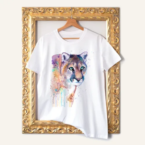 Puma T-Shirt, Watercolor Art Tee Puma watercolor painting printed on a white cotton T-shirt by Slaveika Aladjova