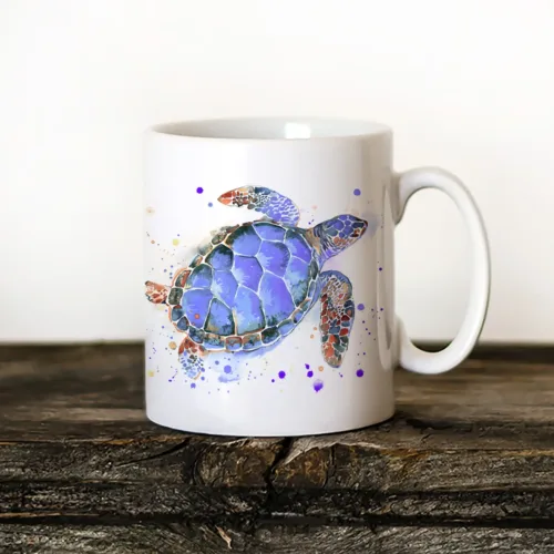 Purple Sea Turtle watercolor painting printed on an 11 oz ceramic art mug by Slaveika Aladjova