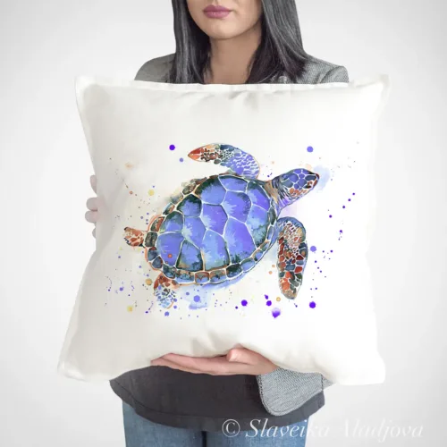 Purple Sea Turtle Art Pillow Cover, Watercolor Cushion 50 × 50 cm Purple Sea Turtle watercolor painting printed on a 50 x 50 cm cotton art pillow cover by Slaveika Aladjova