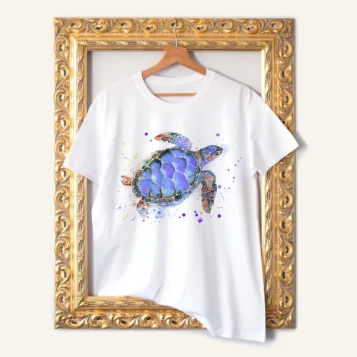Purple Sea Turtle watercolor painting printed on a white cotton T-shirt by Slaveika Aladjova