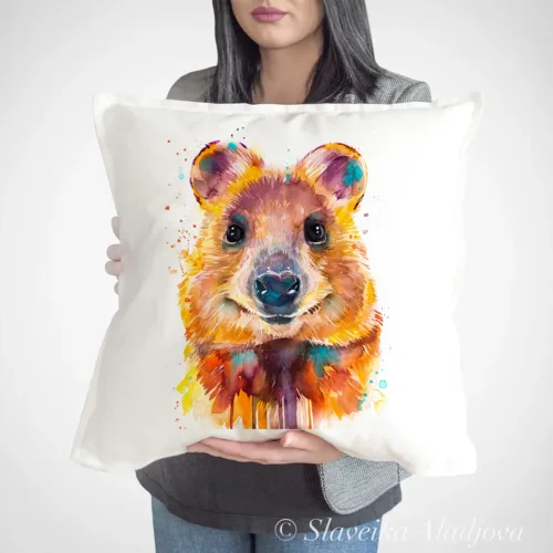 Quokka Art Pillow Cover, Watercolor Cushion 50 × 50 cm Quokka watercolor painting printed on a 50 x 50 cm cotton art pillow cover by Slaveika Aladjova