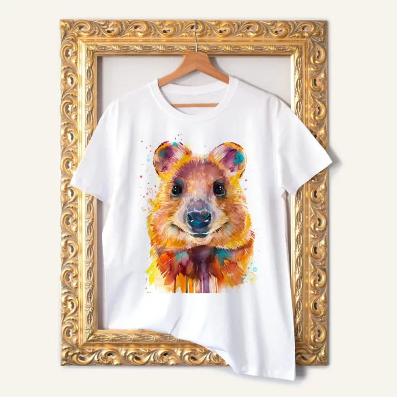 Quokka watercolor painting printed on a white cotton T-shirt by Slaveika Aladjova