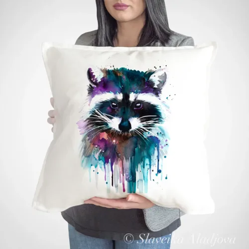 Raccoon Art Pillow Cover, Watercolor Cushion 50 × 50 cm Raccoon watercolor painting printed on a 50 x 50 cm cotton art pillow cover by Slaveika Aladjova