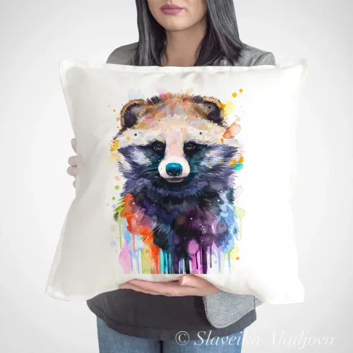 Raccoon Dog Art Pillow Cover, Watercolor Cushion 50 × 50 cm Raccoon Dog watercolor painting printed on a 50 x 50 cm cotton art pillow cover by Slaveika Aladjova