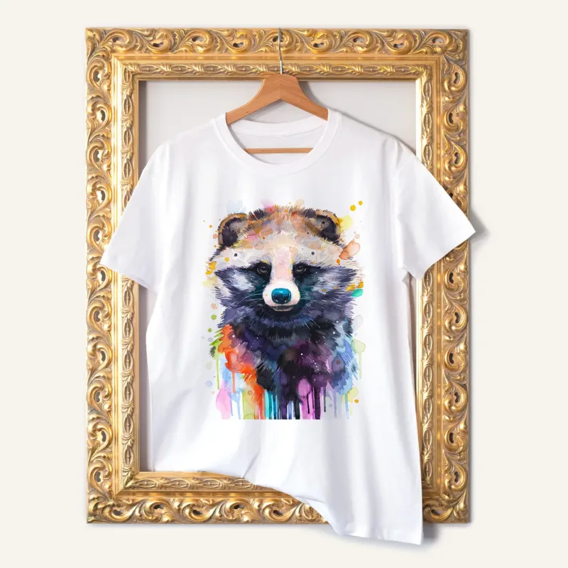 Raccoon Dog watercolor painting printed on a white cotton T-shirt by Slaveika Aladjova