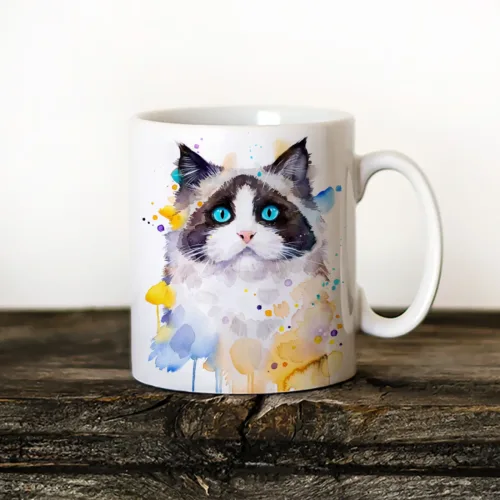 Ragdoll Cat Art Mug, Watercolor Ceramic Mug 11 oz Ragdoll Cat watercolor painting printed on an 11 oz ceramic art mug by Slaveika Aladjova