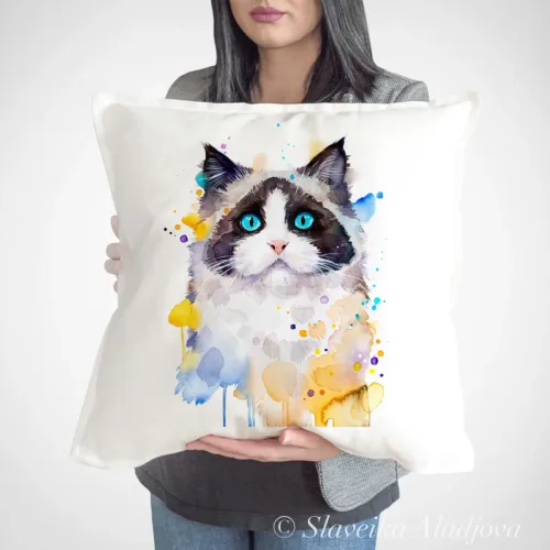 Ragdoll Cat Art Pillow Cover, Watercolor Cushion 50 × 50 cm Ragdoll Cat watercolor painting printed on a 50 x 50 cm cotton art pillow cover by Slaveika Aladjova