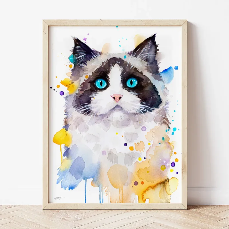 Ragdoll Cat watercolor painting the artwork on the T-shirt by Slaveika Aladjova