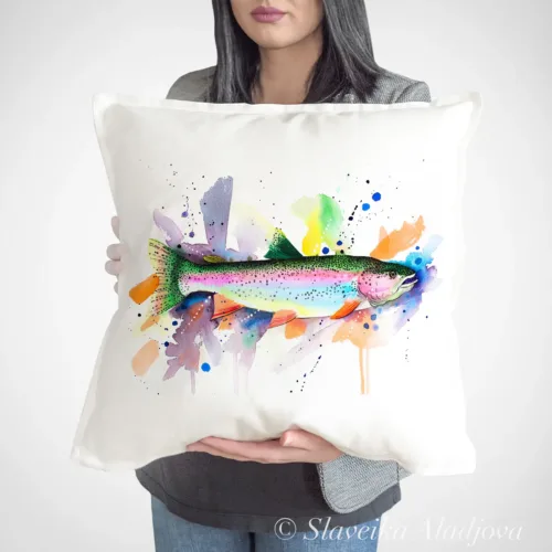 Rainbow Trout Art Pillow Cover, Watercolor Cushion 50 × 50 cm Rainbow Trout watercolor painting printed on a 50 x 50 cm cotton art pillow cover by Slaveika Aladjova