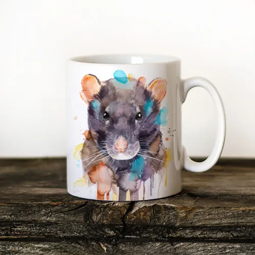 Rat Art Mug, Watercolor Ceramic Mug 11 oz Rat watercolor painting printed on an 11 oz ceramic art mug by Slaveika Aladjova