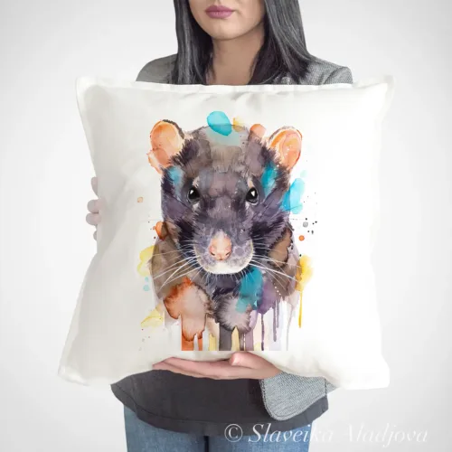 Rat Art Pillow Cover, Watercolor Cushion 50 × 50 cm Rat watercolor painting printed on a 50 x 50 cm cotton art pillow cover by Slaveika Aladjova