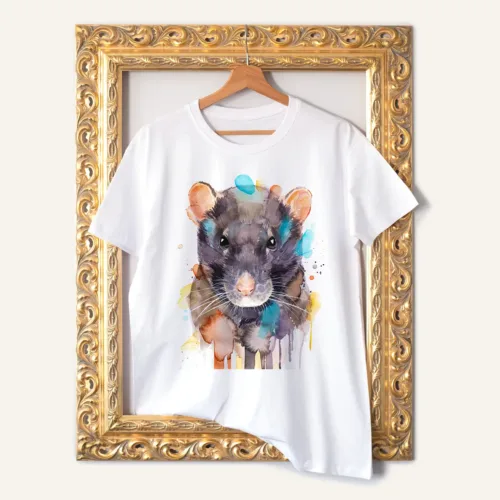Rat T-Shirt, Watercolor Art Tee Rat watercolor painting printed on a white cotton T-shirt by Slaveika Aladjova