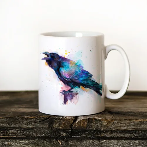 Raven Art Mug, Watercolor Ceramic Mug 11 oz Raven watercolor painting printed on an 11 oz ceramic art mug by Slaveika Aladjova