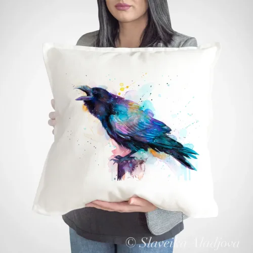 Raven watercolor painting printed on a 50 x 50 cm cotton art pillow cover by Slaveika Aladjova