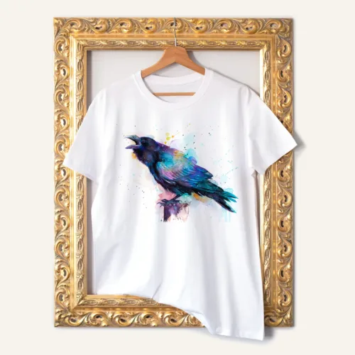 Raven T-Shirt, Watercolor Art Tee Raven watercolor painting printed on a white cotton T-shirt by Slaveika Aladjova