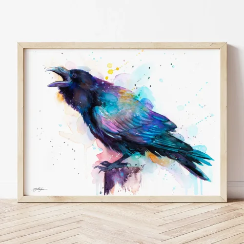 Raven watercolor painting the artwork on the T-shirt by Slaveika Aladjova