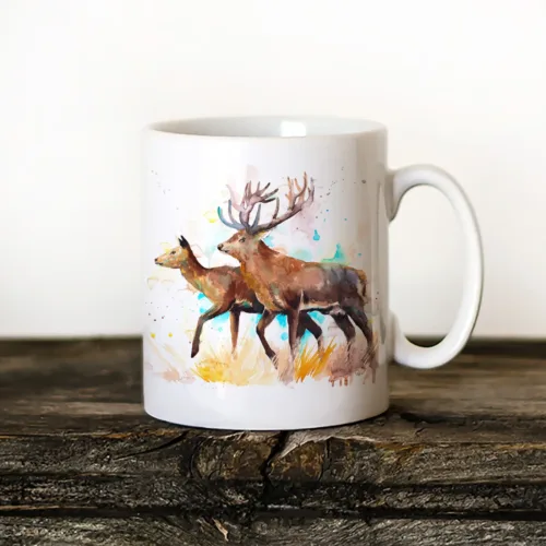 Red Deer Pair watercolor painting printed on an 11 oz ceramic art mug by Slaveika Aladjova