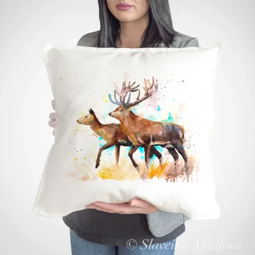 Red Deer Pair Art Pillow Cover, Watercolor Cushion 50 × 50 cm Red Deer Pair watercolor painting printed on a 50 x 50 cm cotton art pillow cover by Slaveika Aladjova