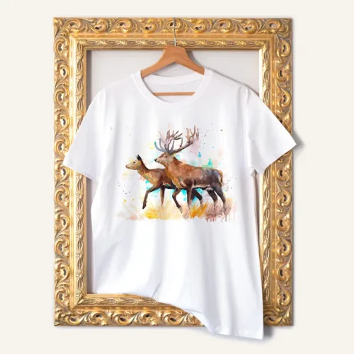 Red Deer Pair T-Shirt, Watercolor Art Tee Red Deer Pair watercolor painting printed on a white cotton T-shirt by Slaveika Aladjova