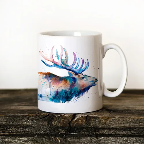 Red Deer Stag watercolor painting printed on an 11 oz ceramic art mug by Slaveika Aladjova
