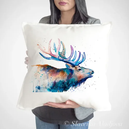 Red Deer Stag Art Pillow Cover, Watercolor Cushion 50 × 50 cm Red Deer Stag watercolor painting printed on a 50 x 50 cm cotton art pillow cover by Slaveika Aladjova