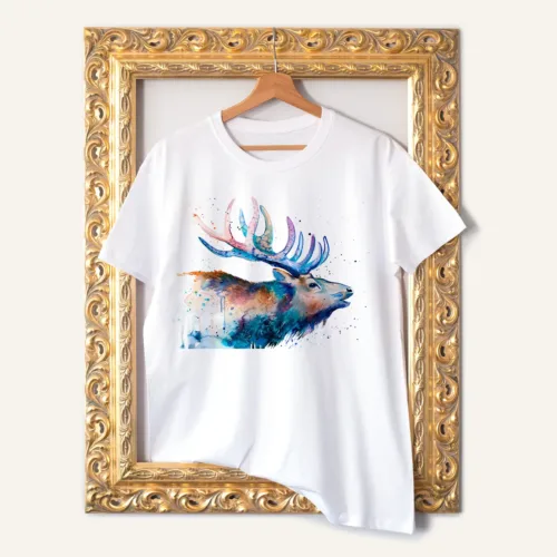 Red Deer Stag T-Shirt, Watercolor Art Tee Red Deer Stag watercolor painting printed on a white cotton T-shirt by Slaveika Aladjova