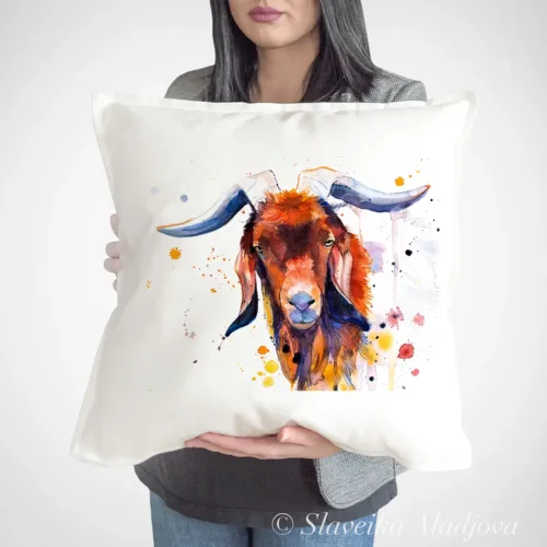 Red Goat Art Pillow Cover, Watercolor Cushion 50 × 50 cm Red Goat watercolor painting printed on a 50 x 50 cm cotton art pillow cover by Slaveika Aladjova