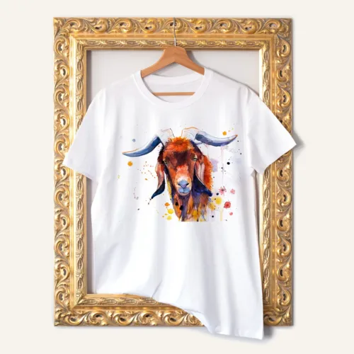 Red Goat T-Shirt, Watercolor Art Tee Red Goat watercolor painting printed on a white cotton T-shirt by Slaveika Aladjova