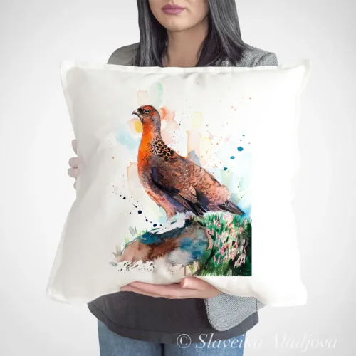 Red Grouse Art Pillow Cover, Watercolor Cushion 50 × 50 cm Red Grouse watercolor painting printed on a 50 x 50 cm cotton art pillow cover by Slaveika Aladjova