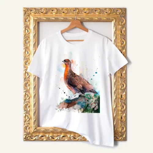 Red Grouse watercolor painting printed on a white cotton T-shirt by Slaveika Aladjova