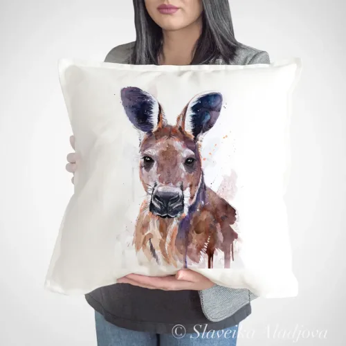 Red Kangaroo Art Pillow Cover, Watercolor Cushion 50 × 50 cm Red Kangaroo watercolor painting printed on a 50 x 50 cm cotton art pillow cover by Slaveika Aladjova