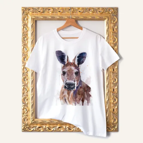 Red Kangaroo T-Shirt, Watercolor Art Tee Red Kangaroo watercolor painting printed on a white cotton T-shirt by Slaveika Aladjova
