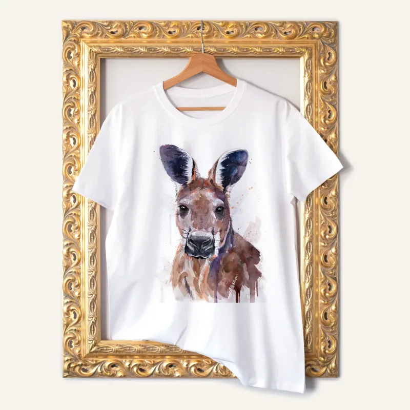 Red Kangaroo watercolor painting printed on a white cotton T-shirt by Slaveika Aladjova