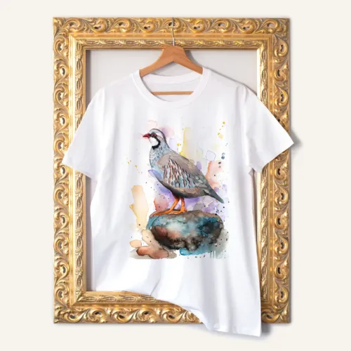 Red-legged Partridge T-Shirt, Watercolor Art Tee Red-legged Partridge watercolor painting printed on a white cotton T-shirt by Slaveika Aladjova
