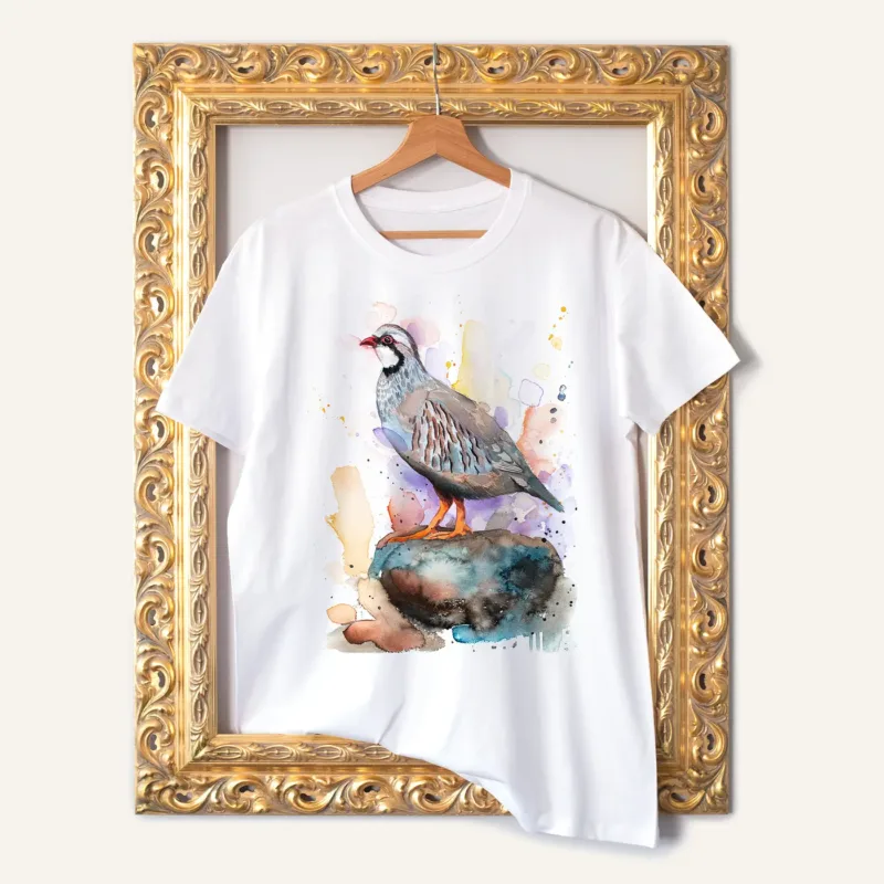 Red-legged Partridge watercolor painting printed on a white cotton T-shirt by Slaveika Aladjova