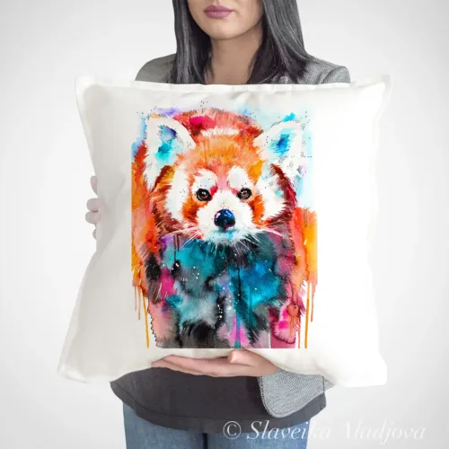 Red Panda Art Pillow Cover, Watercolor Cushion 50 × 50 cm Red Panda watercolor painting printed on a 50 x 50 cm cotton art pillow cover by Slaveika Aladjova