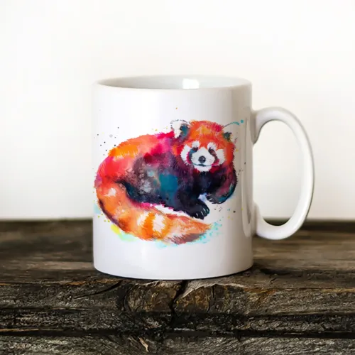 Red Panda Sitting watercolor painting printed on an 11 oz ceramic art mug by Slaveika Aladjova