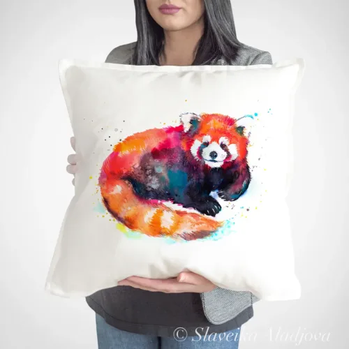 Red Panda Sitting Art Pillow Cover, Watercolor Cushion 50 × 50 cm Red Panda Sitting watercolor painting printed on a 50 x 50 cm cotton art pillow cover by Slaveika Aladjova